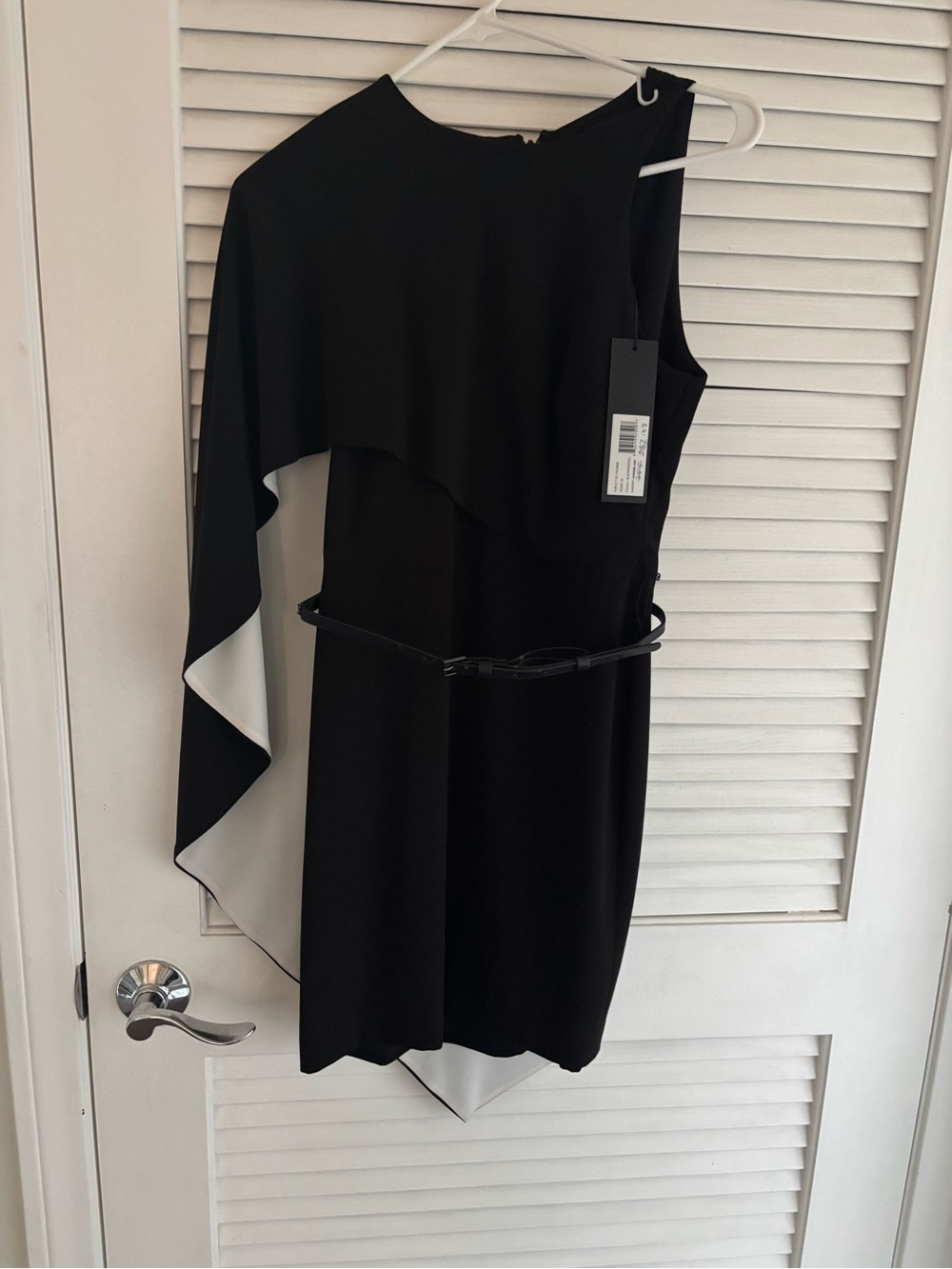 Halston Heritage Black One-Shoulder Cape Dress with White Trim